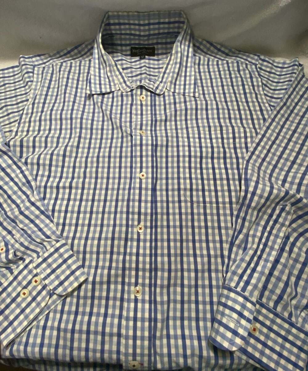 Yves Saint Laurent Pour Homme Blue Gingham Button Down Shirt Size 42